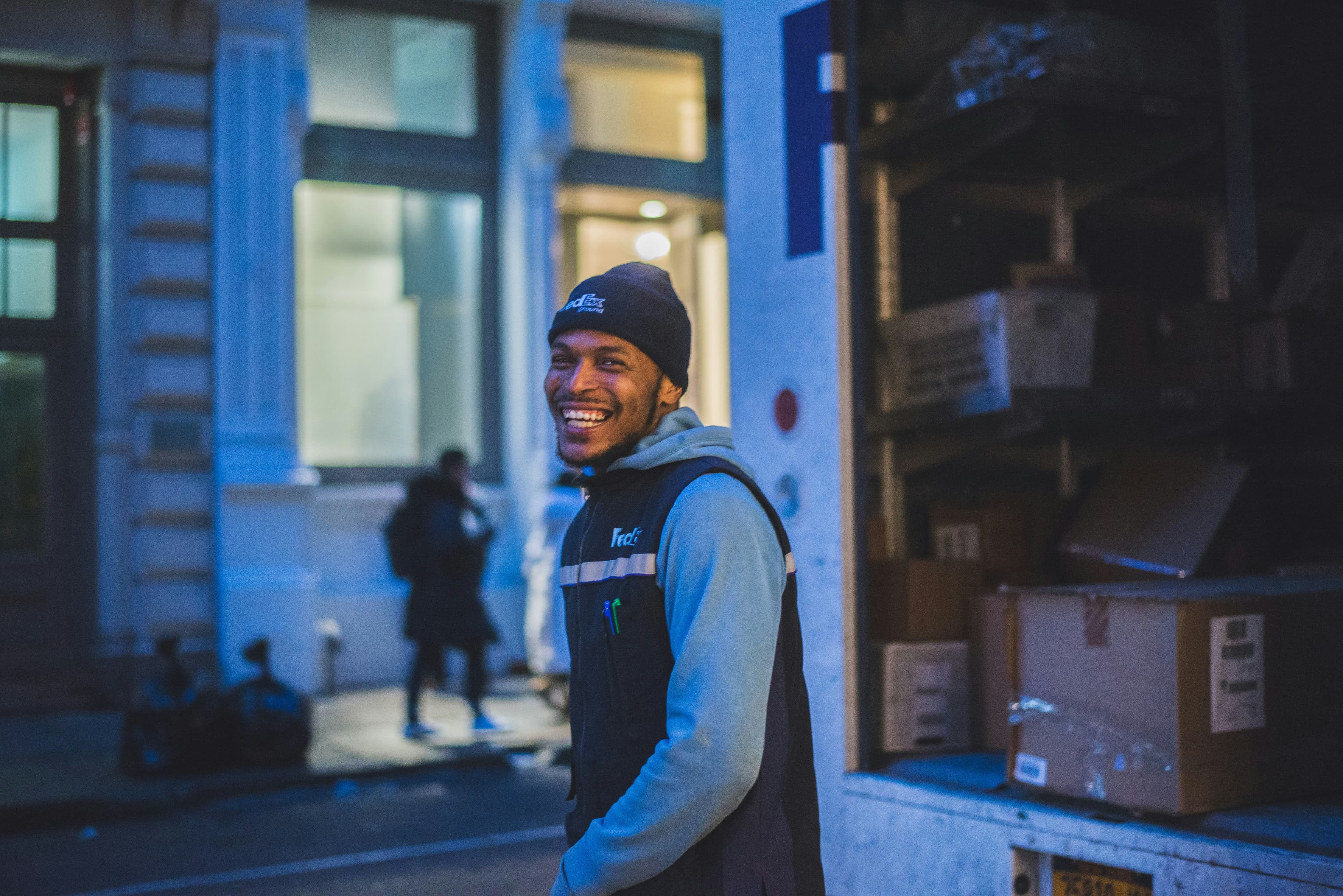 Warehouse workers collaborating in a distribution center
